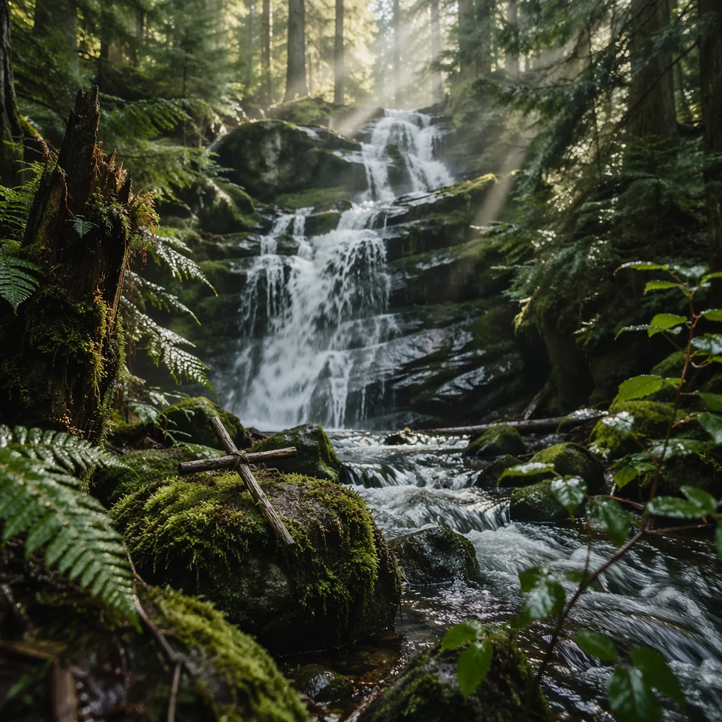 Evergreen Forest Waterfall with Humble Cross