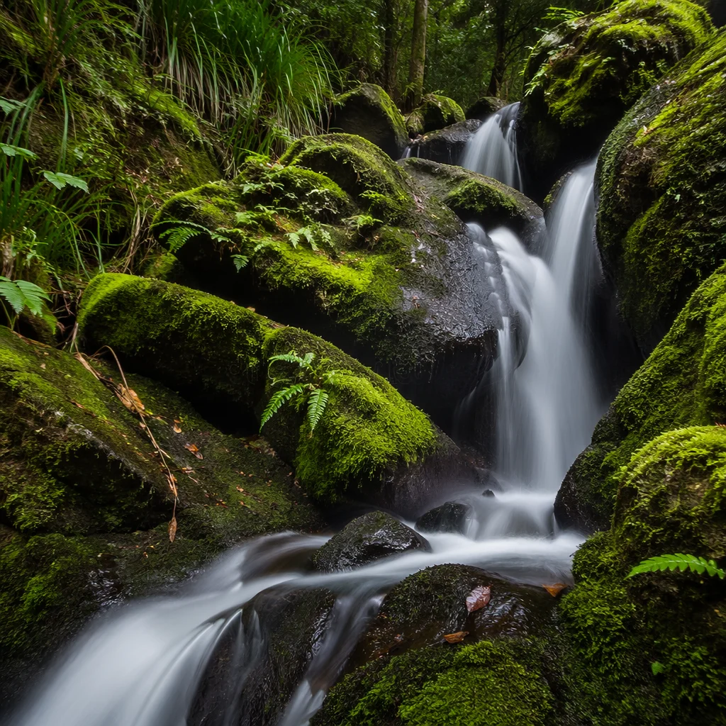 Evergreen Forest Waterfall with Mossy Boulders