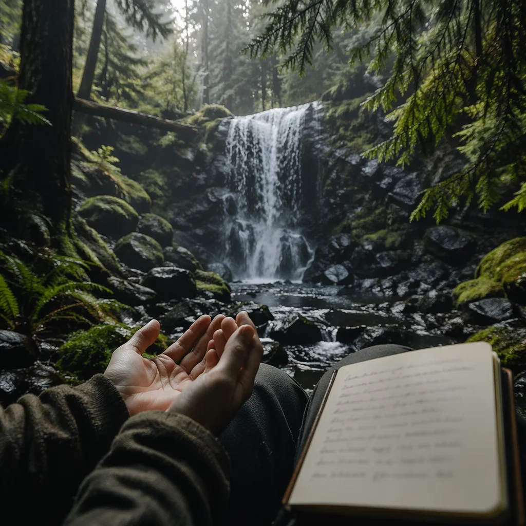Prayerful Hands Beside Evergreen Forest Waterfall