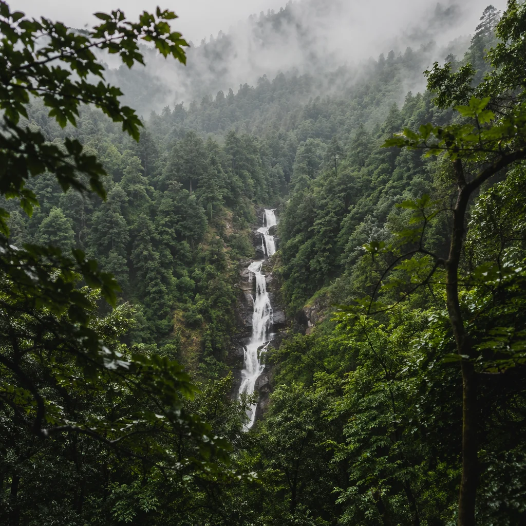 Misty Waterfall in Evergreen Mountain Forest