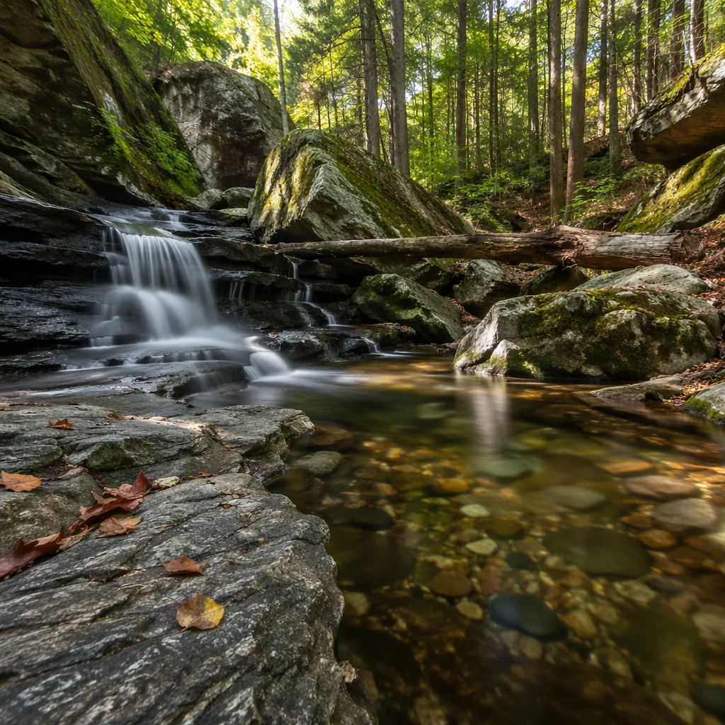 Peaceful Woodland Waterfall in Evergreen Forest
