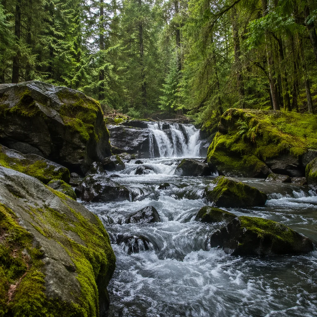 Evergreen Forest Waterfall and Mossy Stream