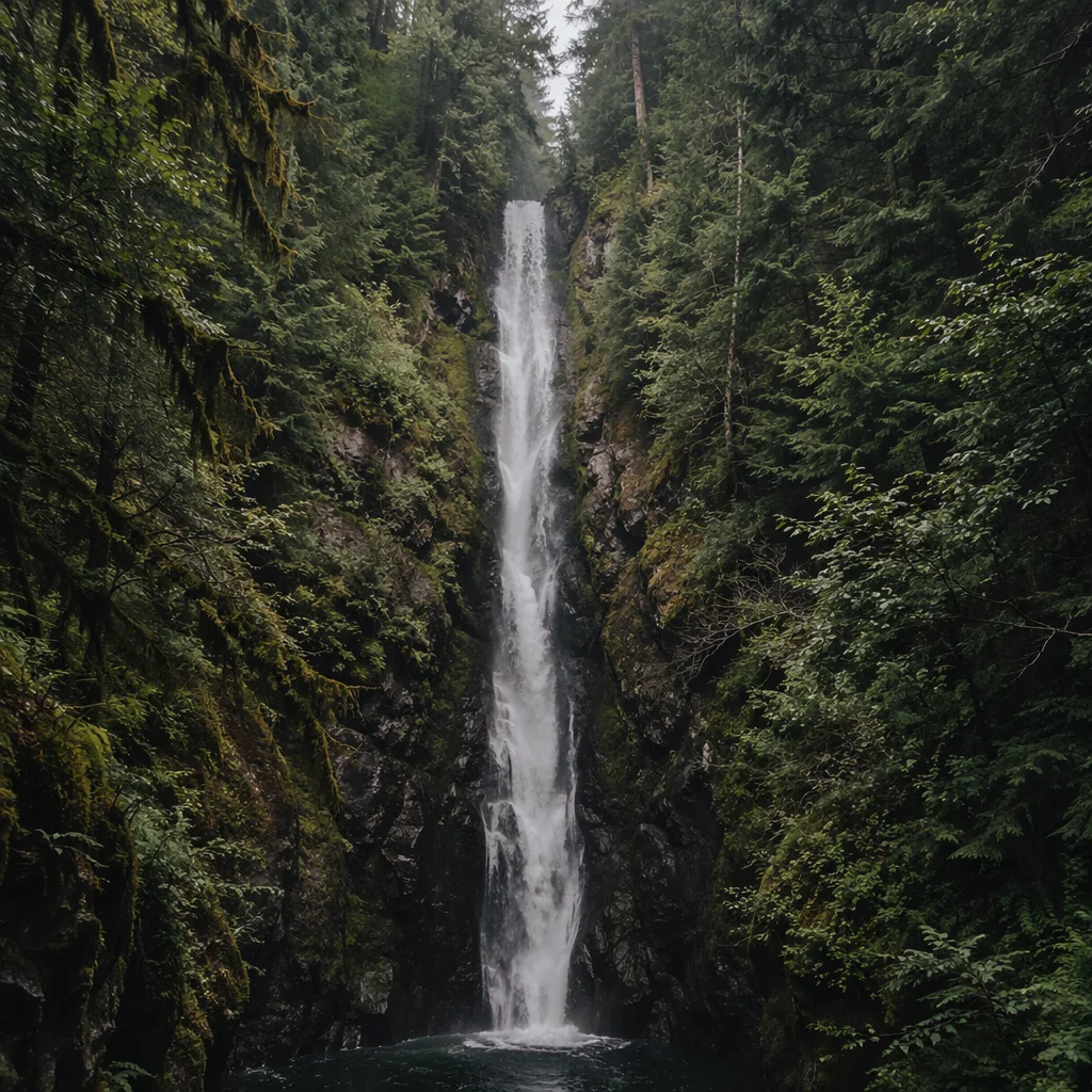 Serene Waterfall in Evergreen Forest Gorge