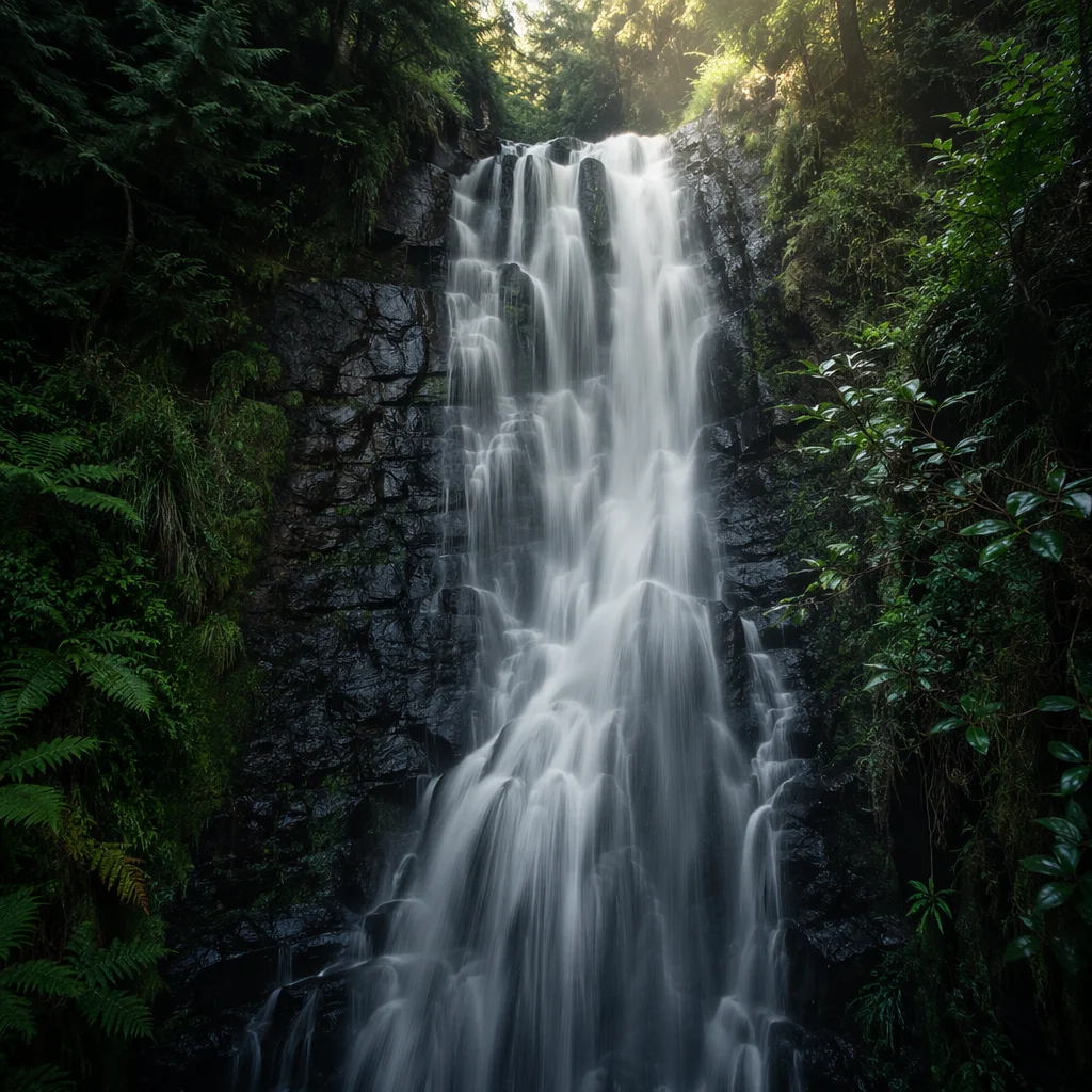 Serene Waterfall in Lush Evergreen Forest