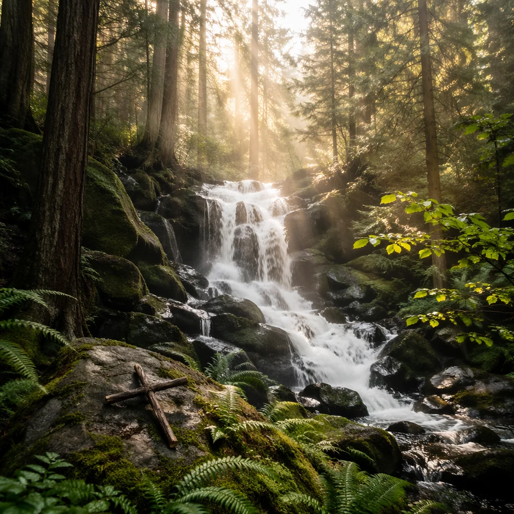 Evergreen Forest Waterfall With Twig Cross