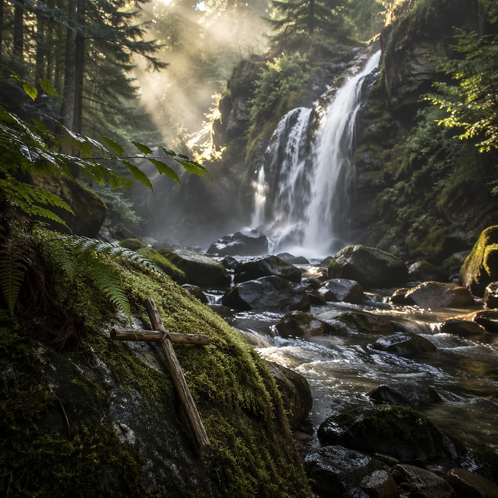 Forest Waterfall with Quiet Wooden Cross