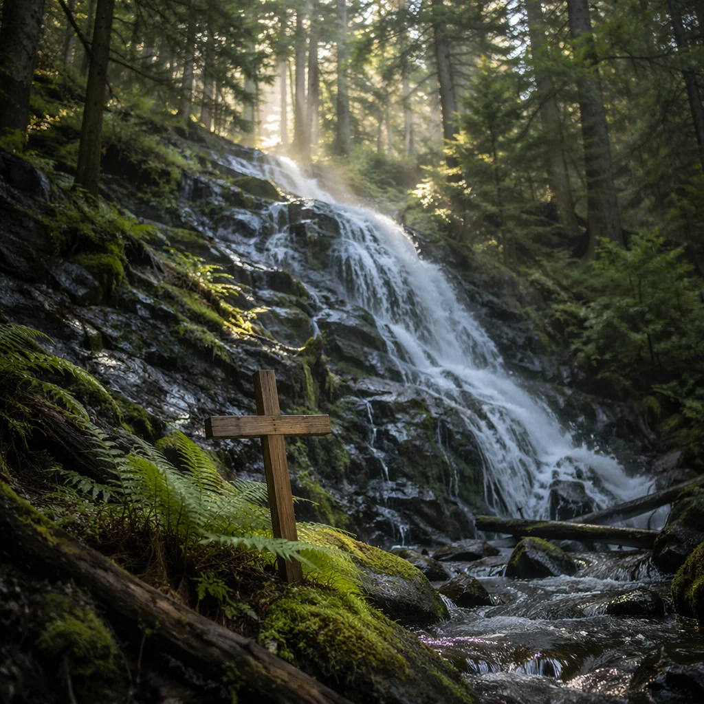 Wooden Cross Beside Evergreen Forest Waterfall