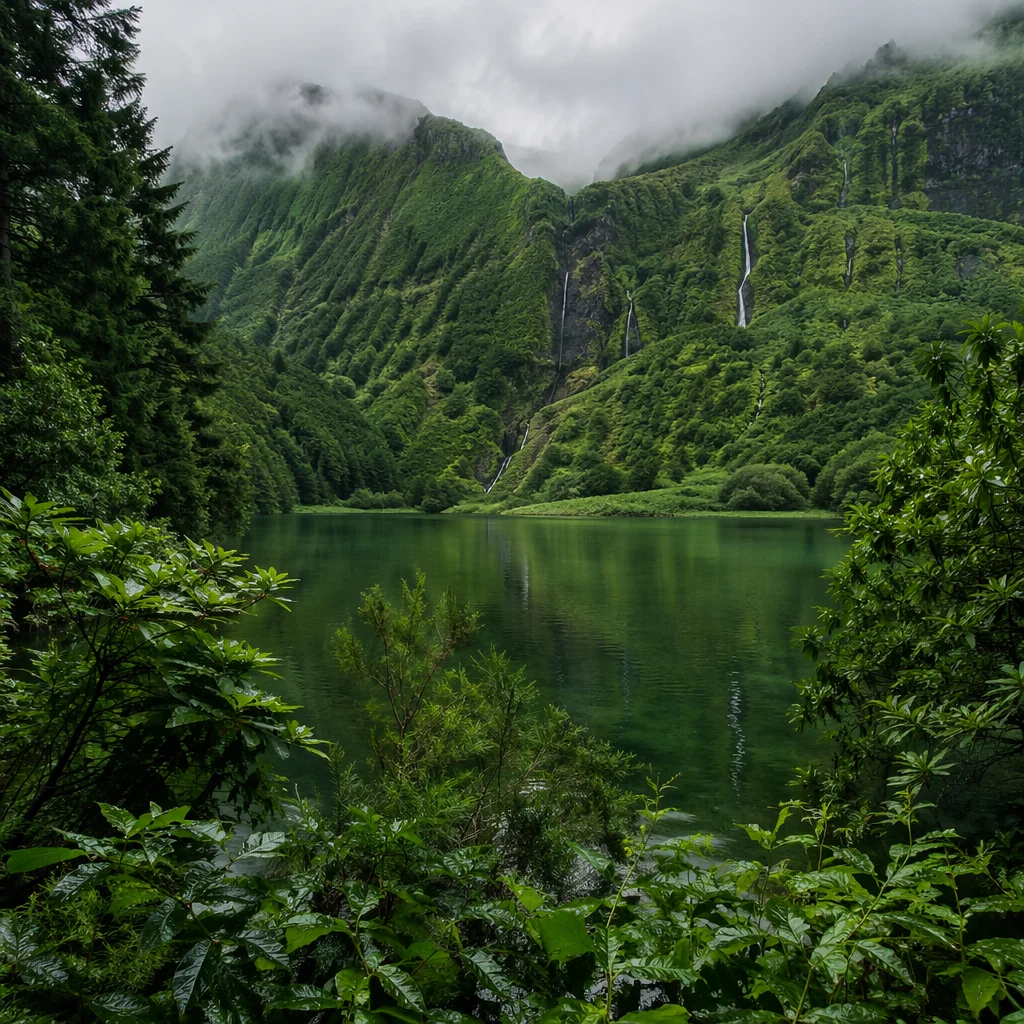 Misty Evergreen Waterfall Valley After Rain
