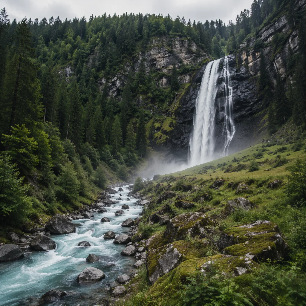 Evergreen Waterfall Valley with Glacial River