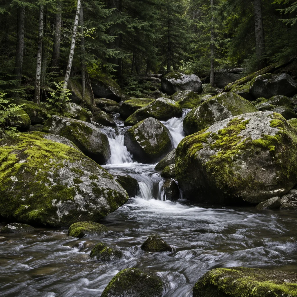 Evergreen Forest Waterfall with Mossy Boulders