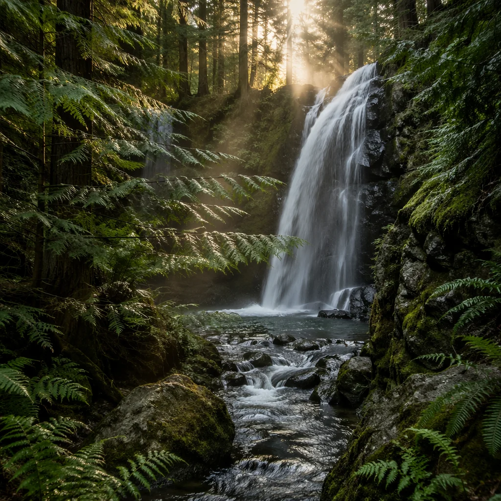 Evergreen Forest Waterfall in Morning Light