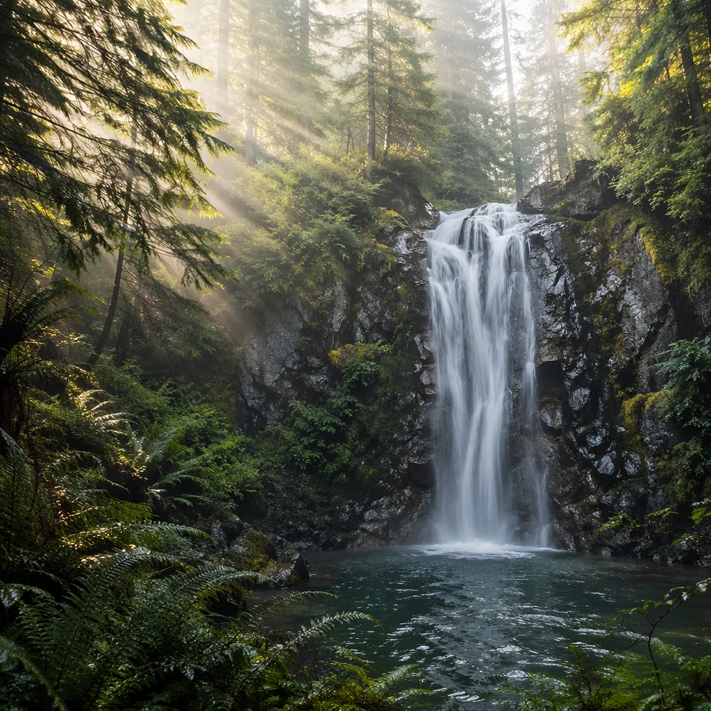 Evergreen Forest Waterfall in Morning Mist