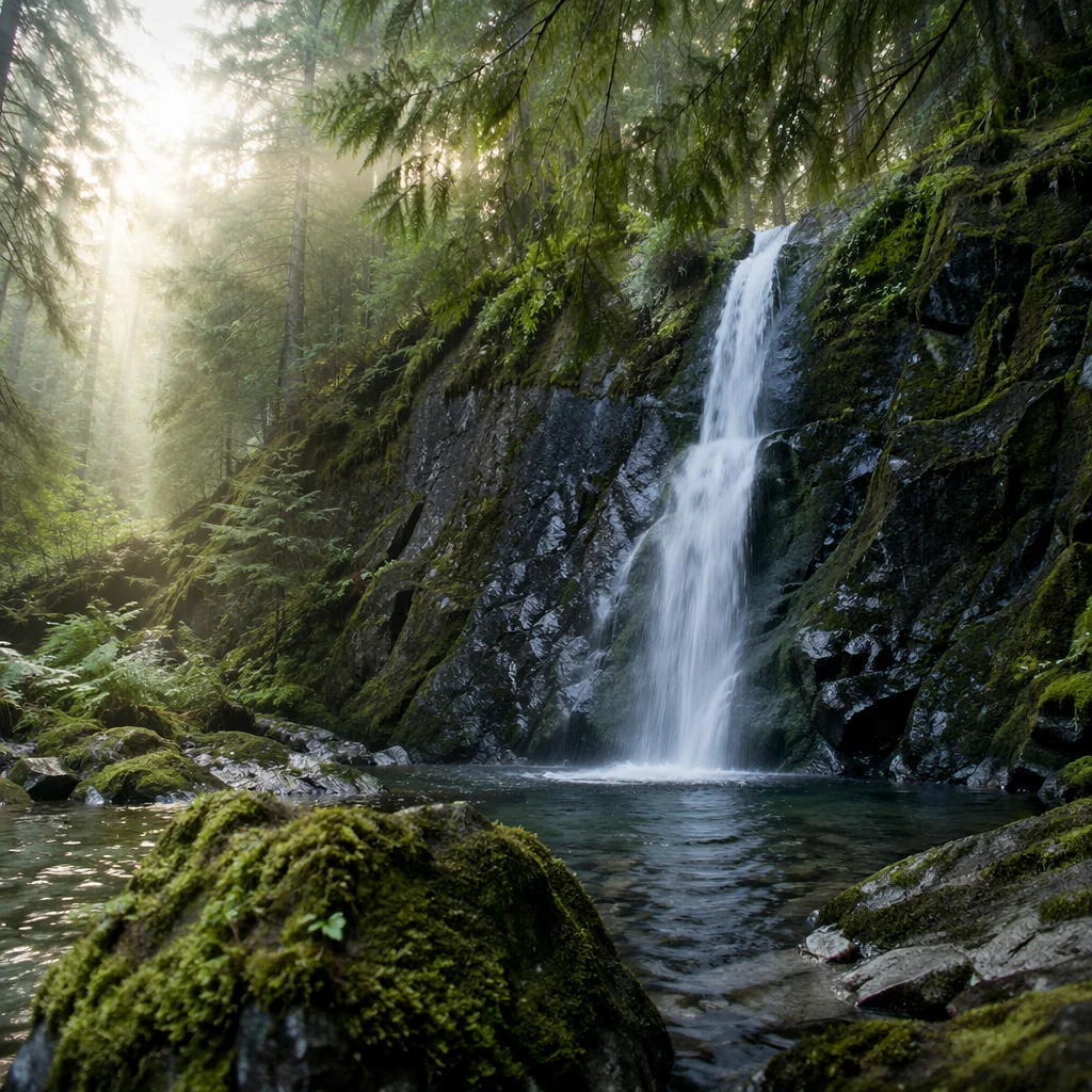 Evergreen Forest Waterfall at Dawn