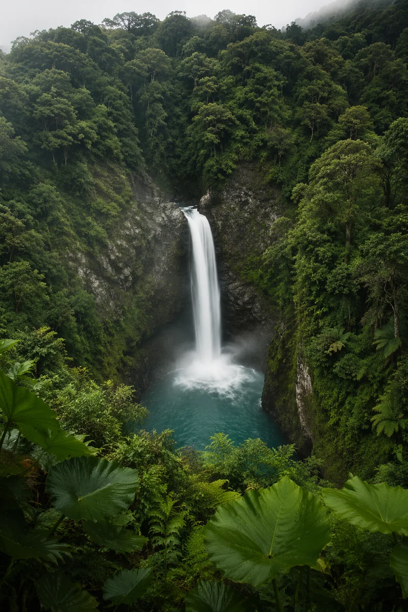 Serene Evergreen Waterfall in Turquoise Forest