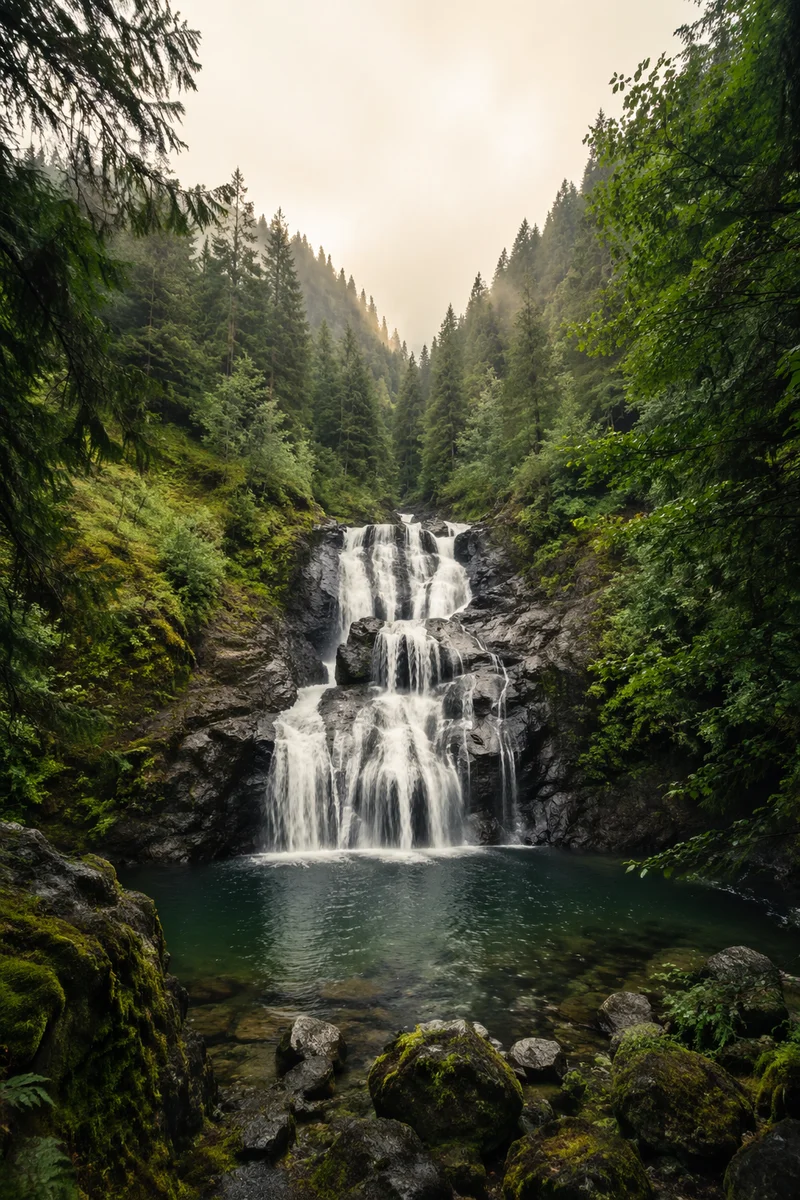 Evergreen Rainforest Waterfall Over Volcanic Rock