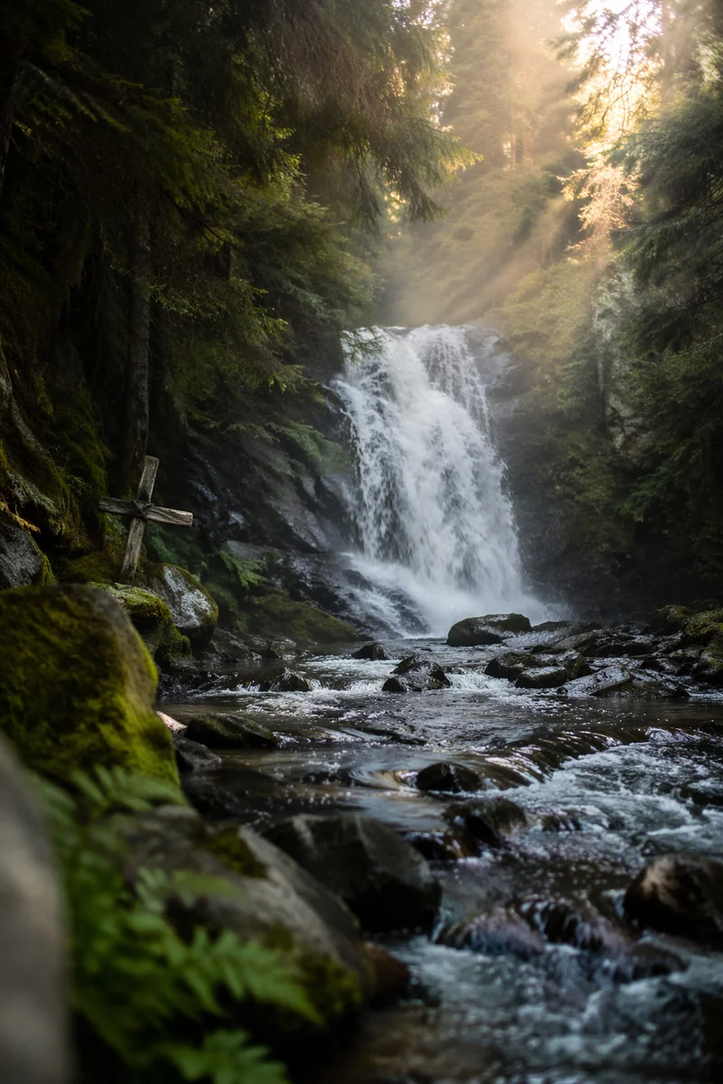 Evergreen Forest Waterfall with Humble Cross