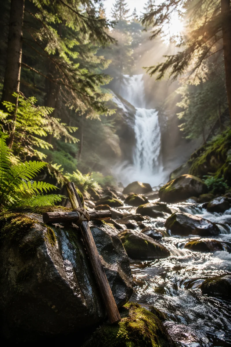 Hidden Forest Waterfall with Wooden Cross