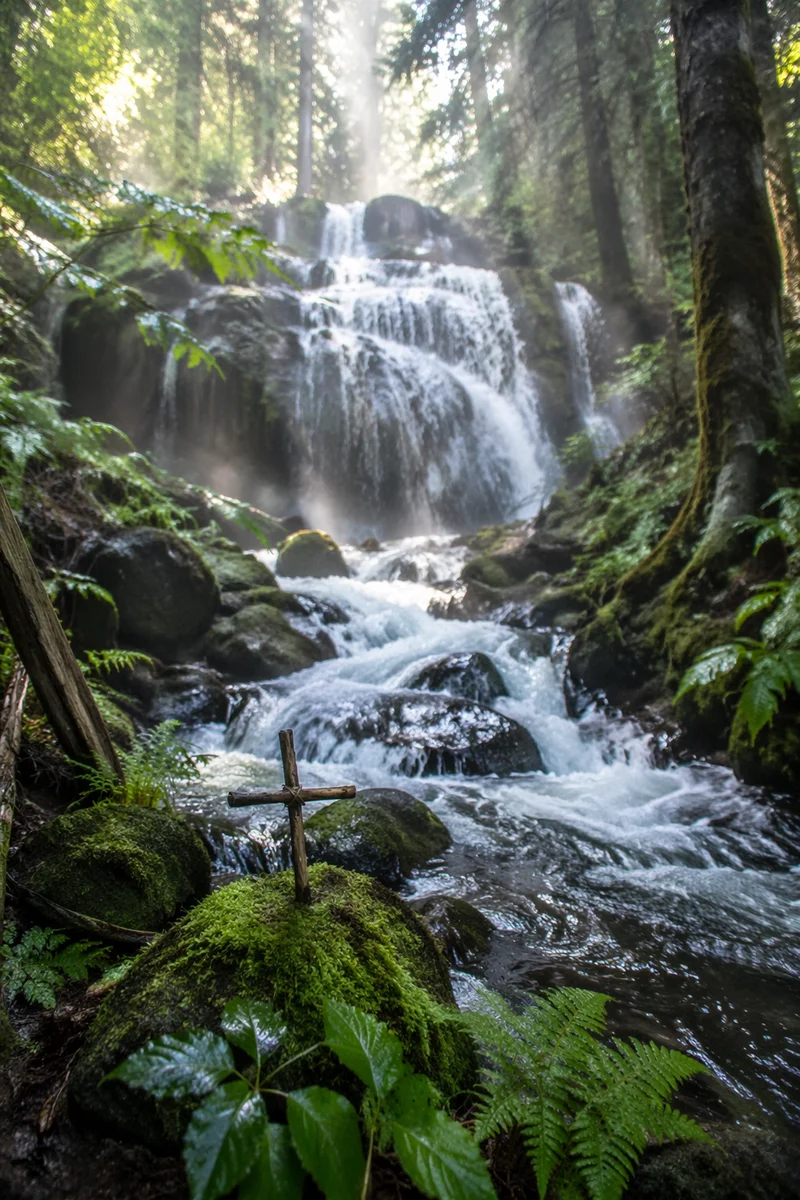 Evergreen Forest Waterfall With Twig Cross