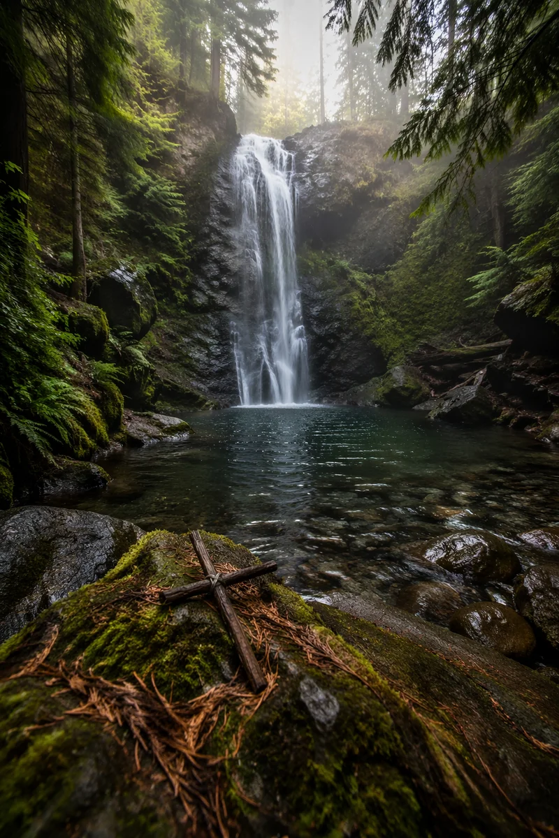 Evergreen Forest Waterfall with Wooden Cross