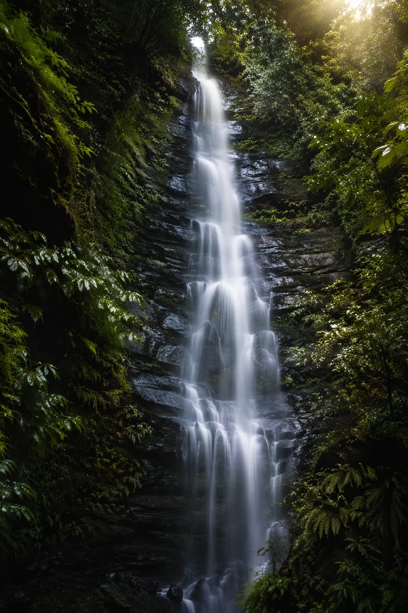 Tall Waterfall in Lush Evergreen Forest