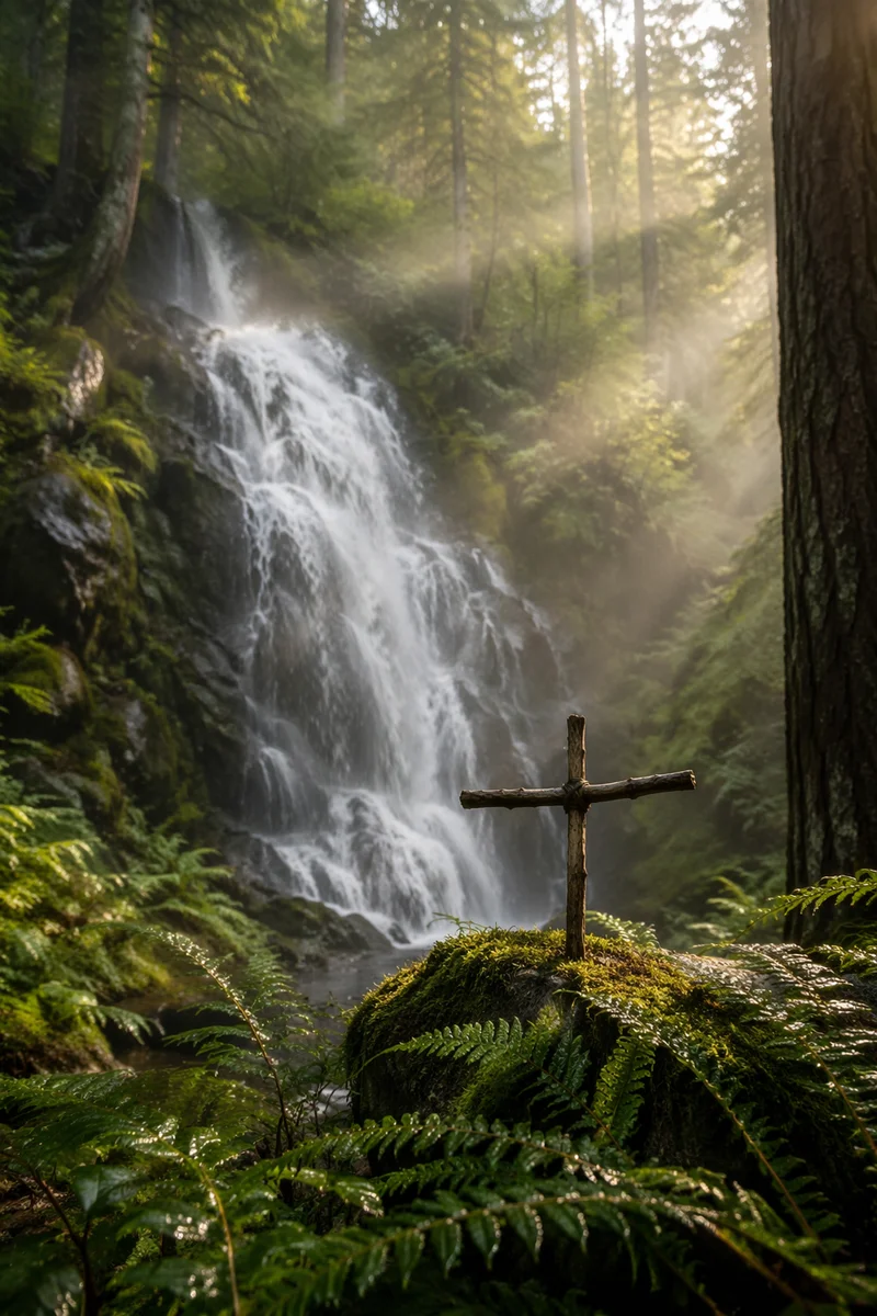 Evergreen Forest Waterfall with Twig Cross