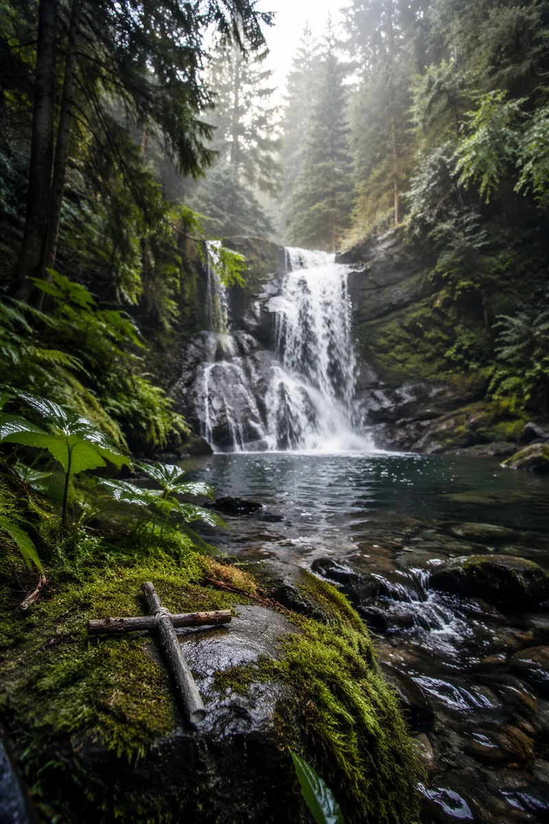 Evergreen Waterfall With Quiet Wooden Cross
