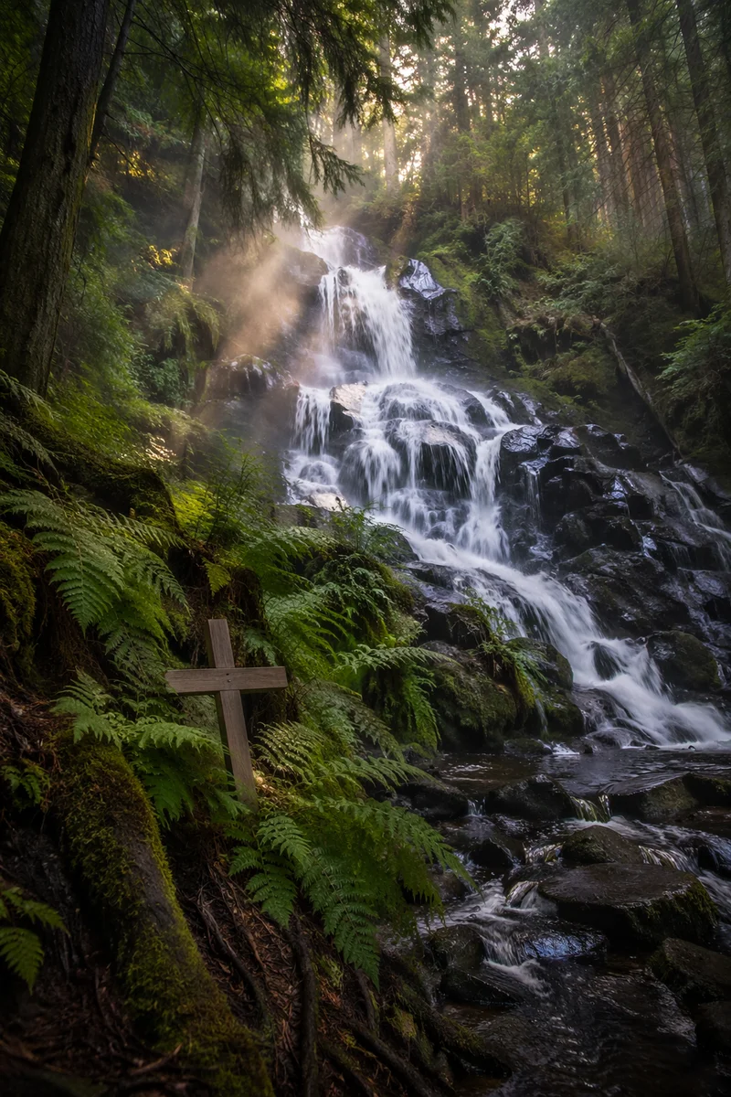 Evergreen Forest Waterfall with Wooden Cross