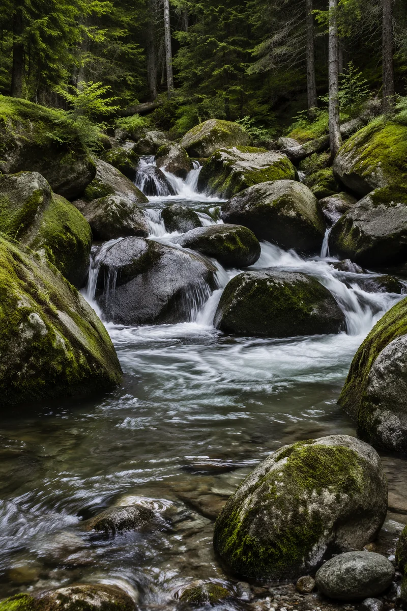 Evergreen Forest Waterfall Over Mossy Boulders