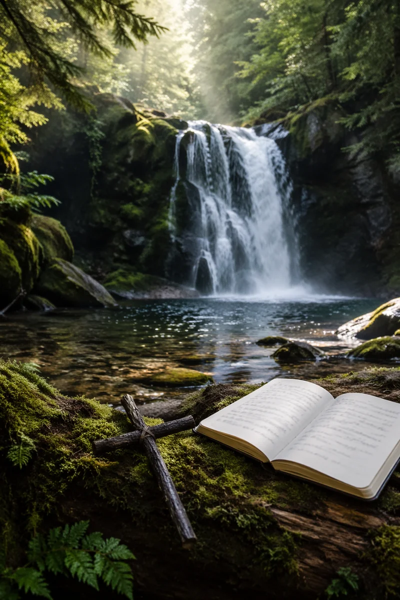 Prayer Cross by Evergreen Forest Waterfall