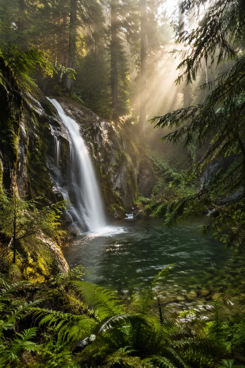 Evergreen Forest Waterfall in Morning Mist