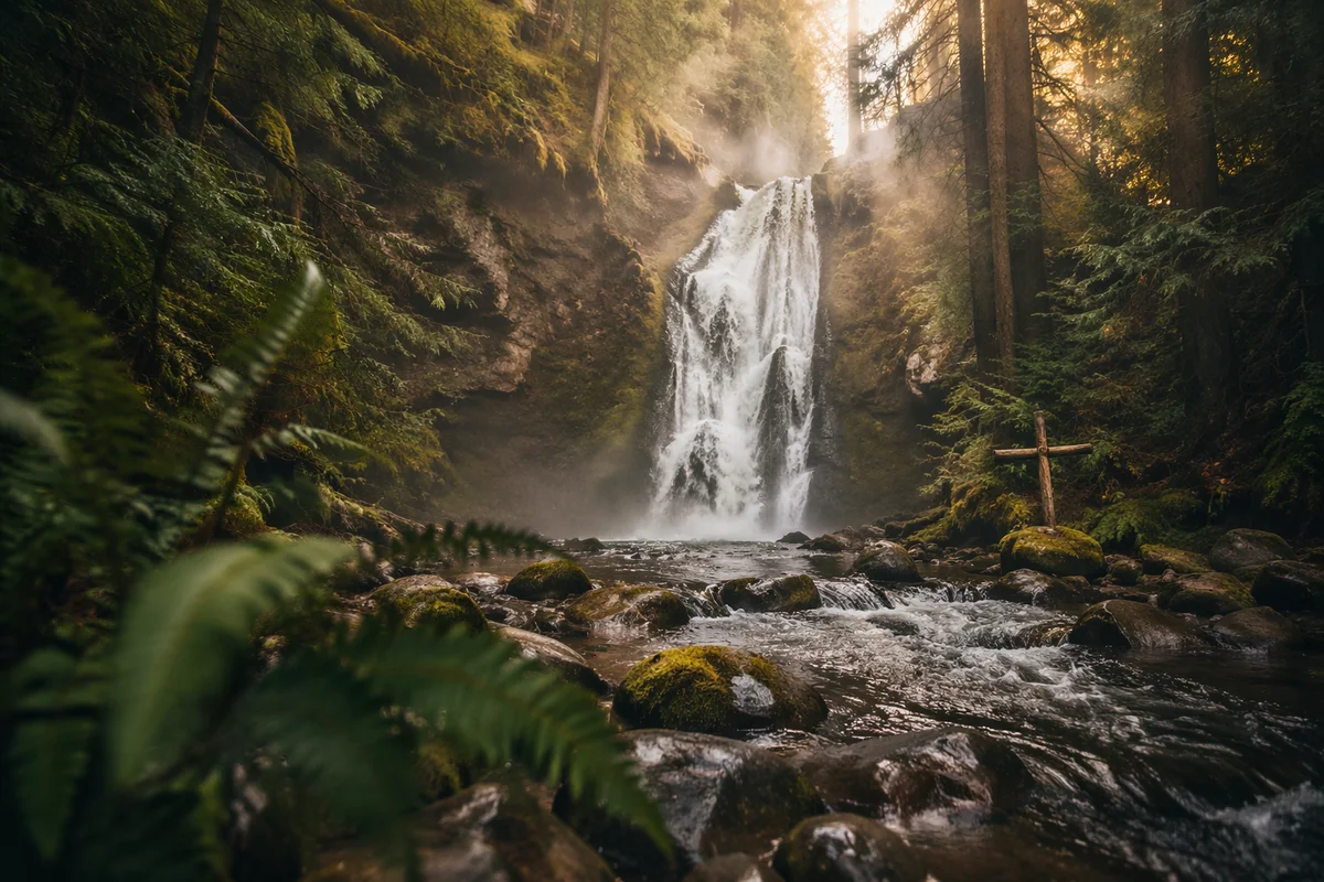 Evergreen Forest Waterfall with Wooden Cross