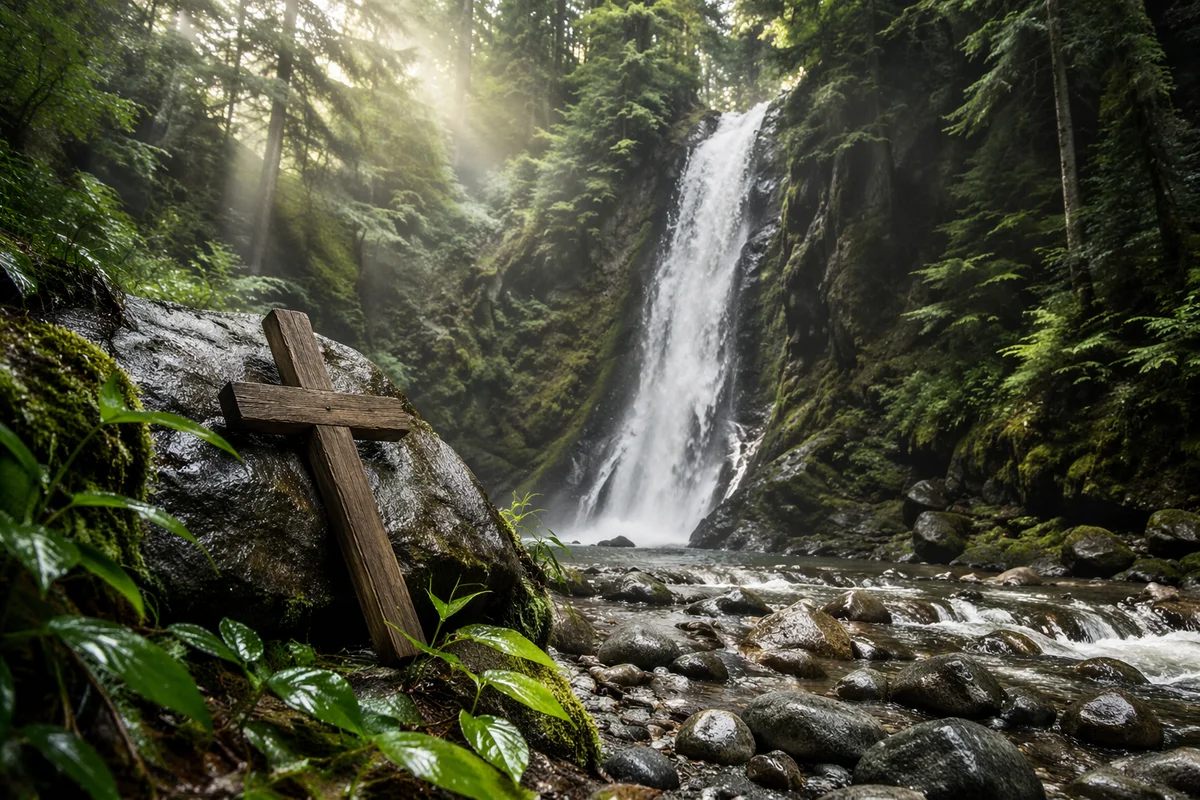 Evergreen Waterfall with Wooden Cross