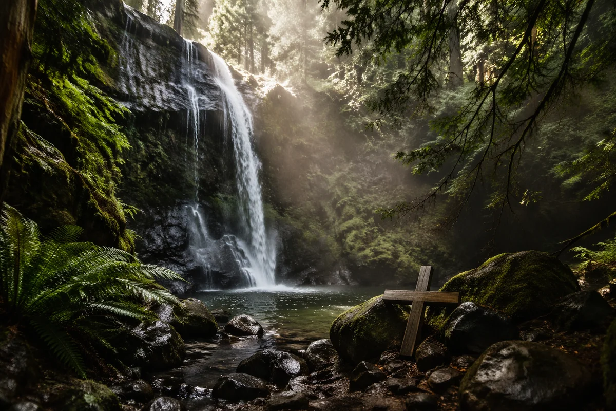 Hidden Forest Waterfall with Wooden Cross