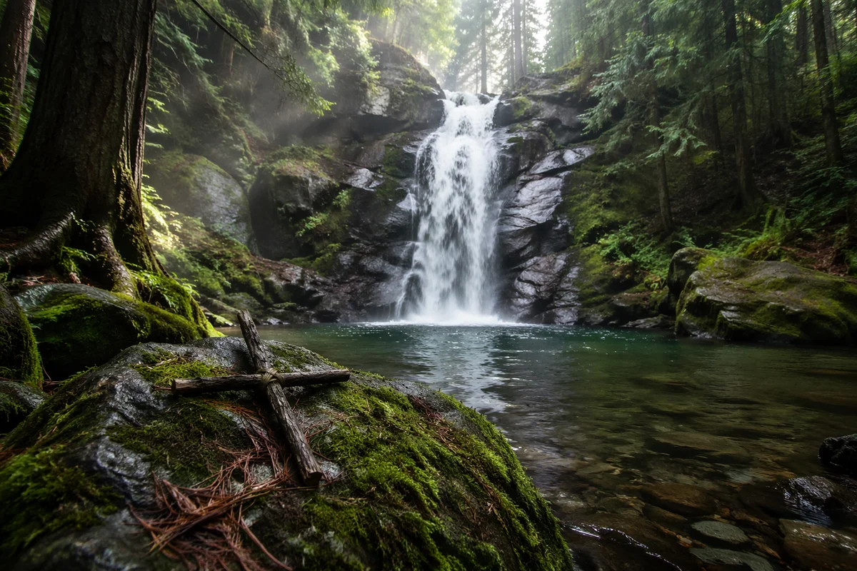 Evergreen Forest Waterfall with Twig Cross
