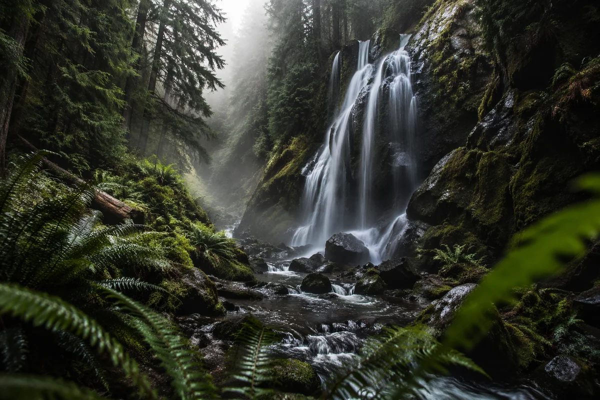 Tranquil Waterfall in Evergreen Forest
