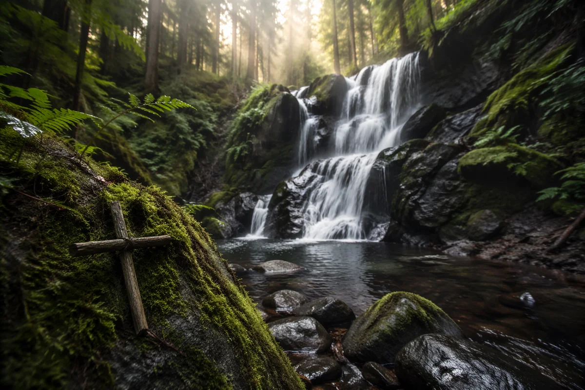 Evergreen Forest Waterfall with Wooden Cross