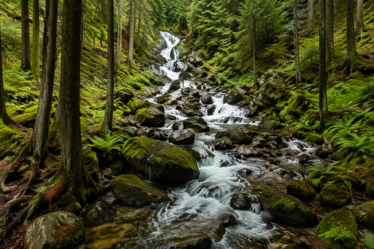 Evergreen Forest Waterfall with Mossy Rocks