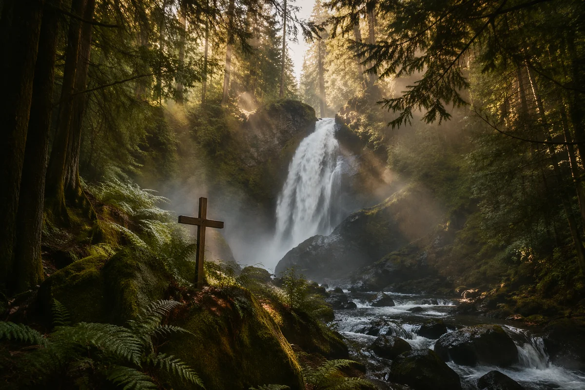 Evergreen Waterfall with Hidden Wooden Cross