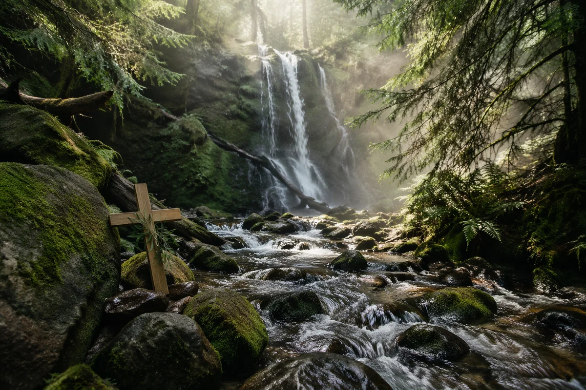 Evergreen Forest Waterfall With Wooden Cross