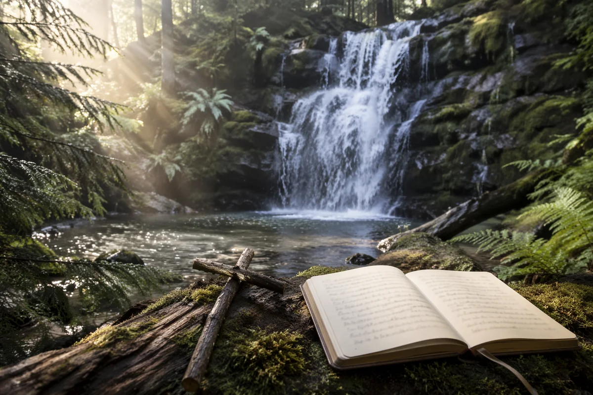 Evergreen Waterfall Prayer Cross in Forest