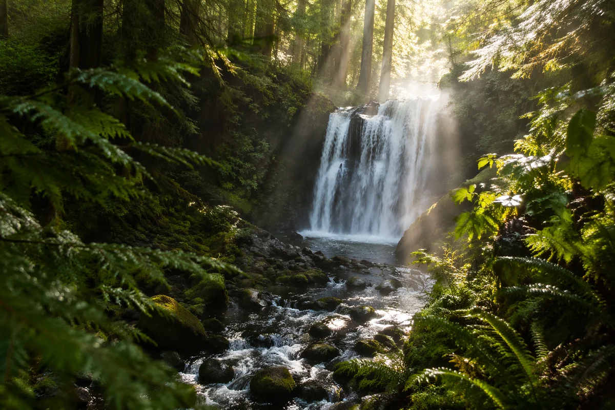 Evergreen Forest Waterfall in Morning Mist