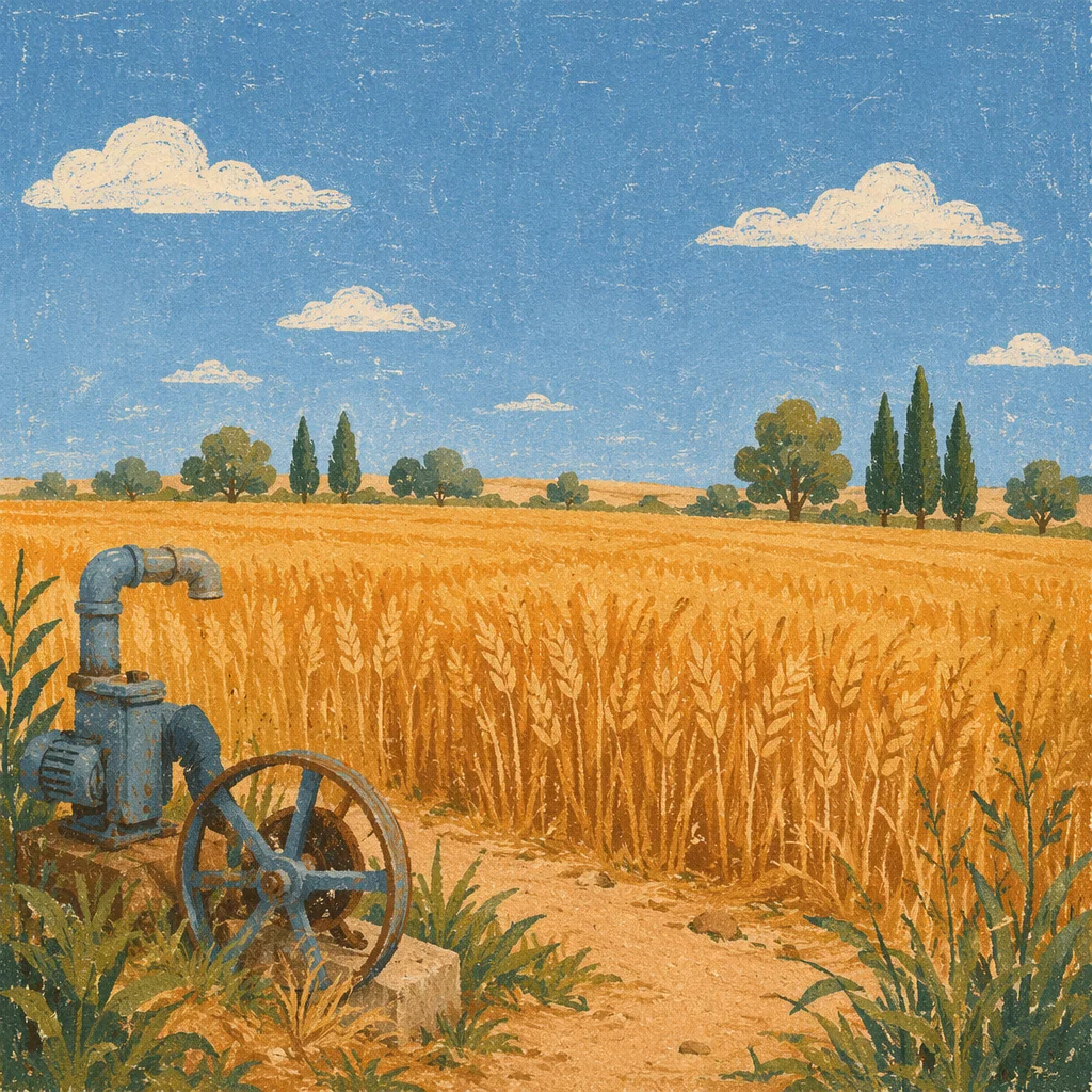 Golden Wheat Harvest Field with Evergreens