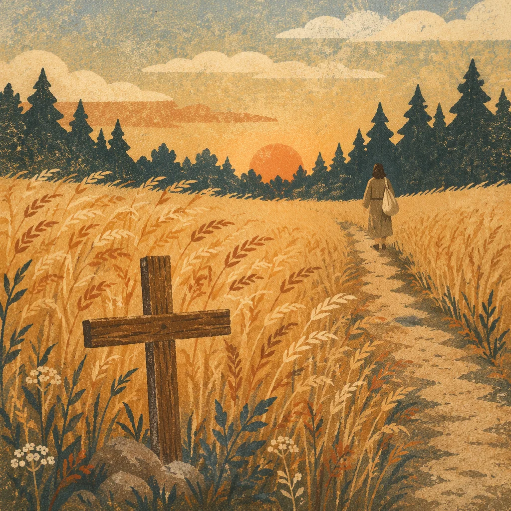 Golden Wheat Harvest with Evergreen Cross