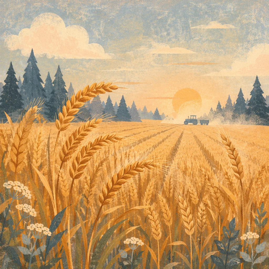 Golden Wheat Harvest by Evergreen Treeline