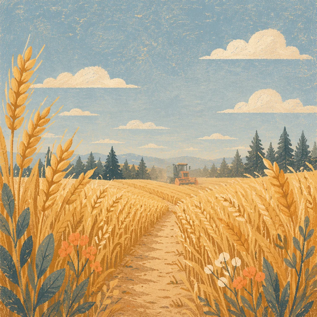 Golden Wheat Harvest with Evergreen Horizon