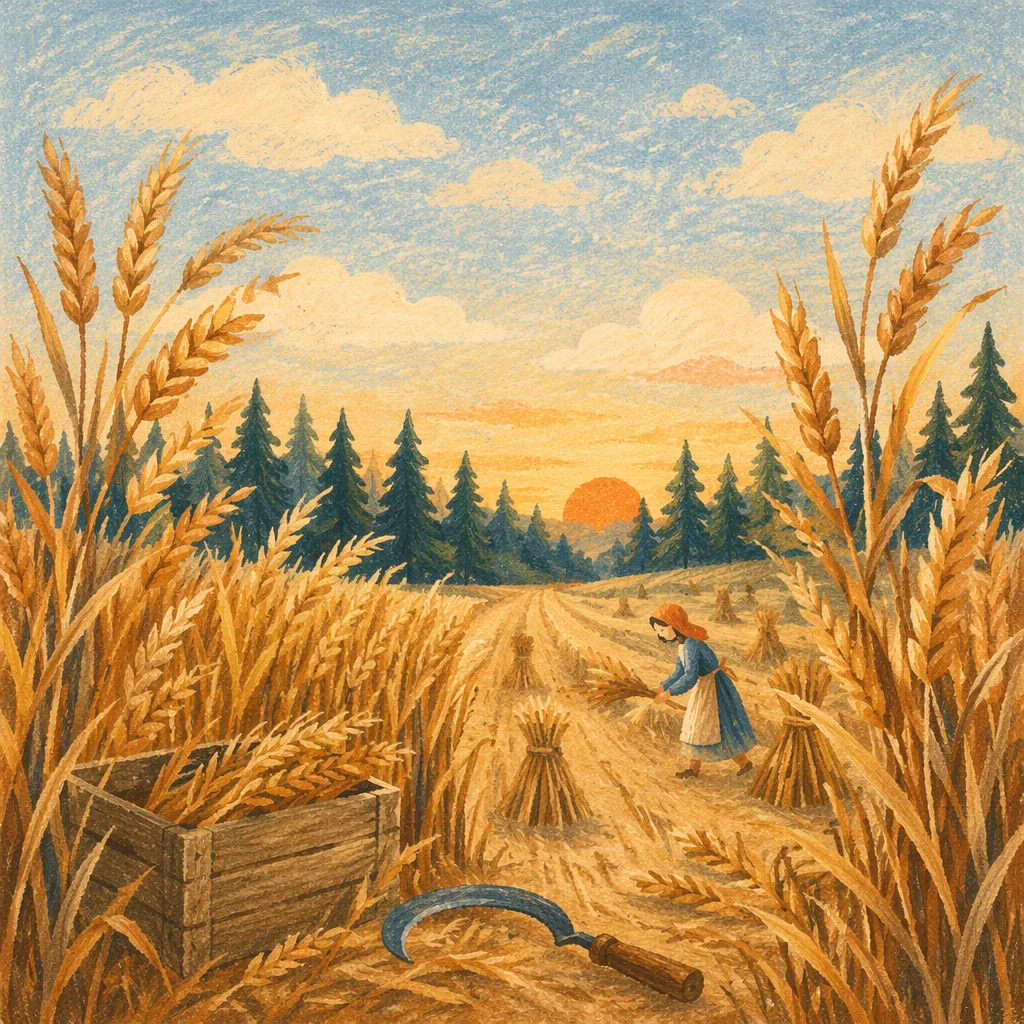 Golden Wheat Harvest with Evergreen Trees