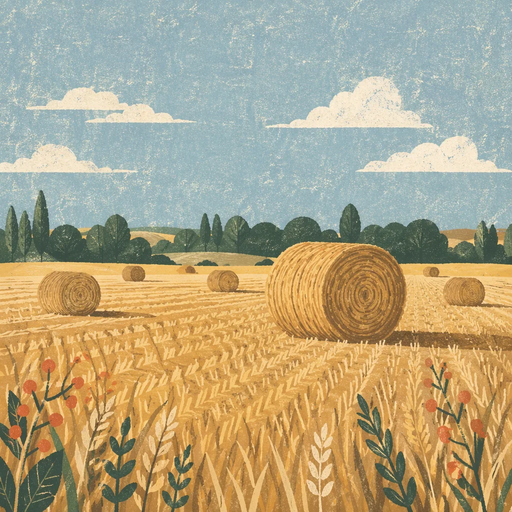 Golden Wheat Harvest Field with Hay Bales