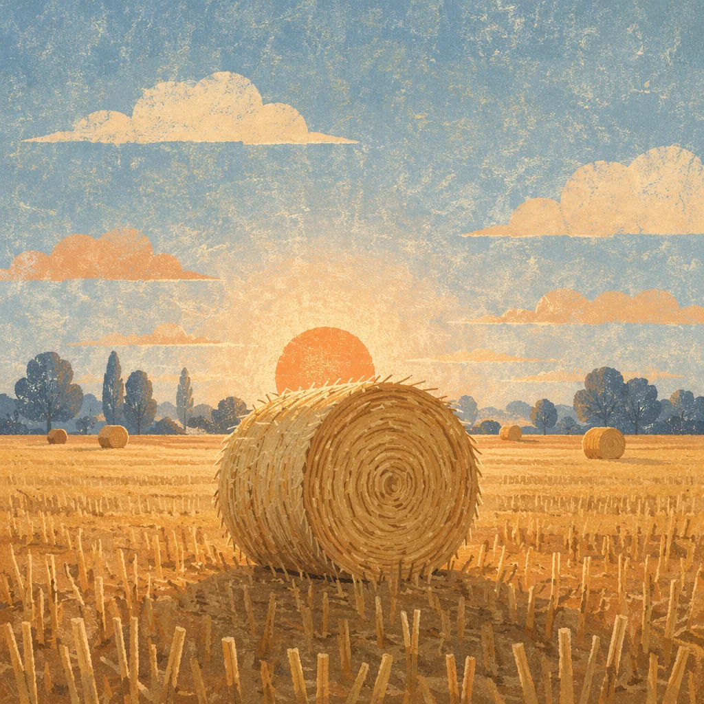 Golden Hay Bale in Harvest Field
