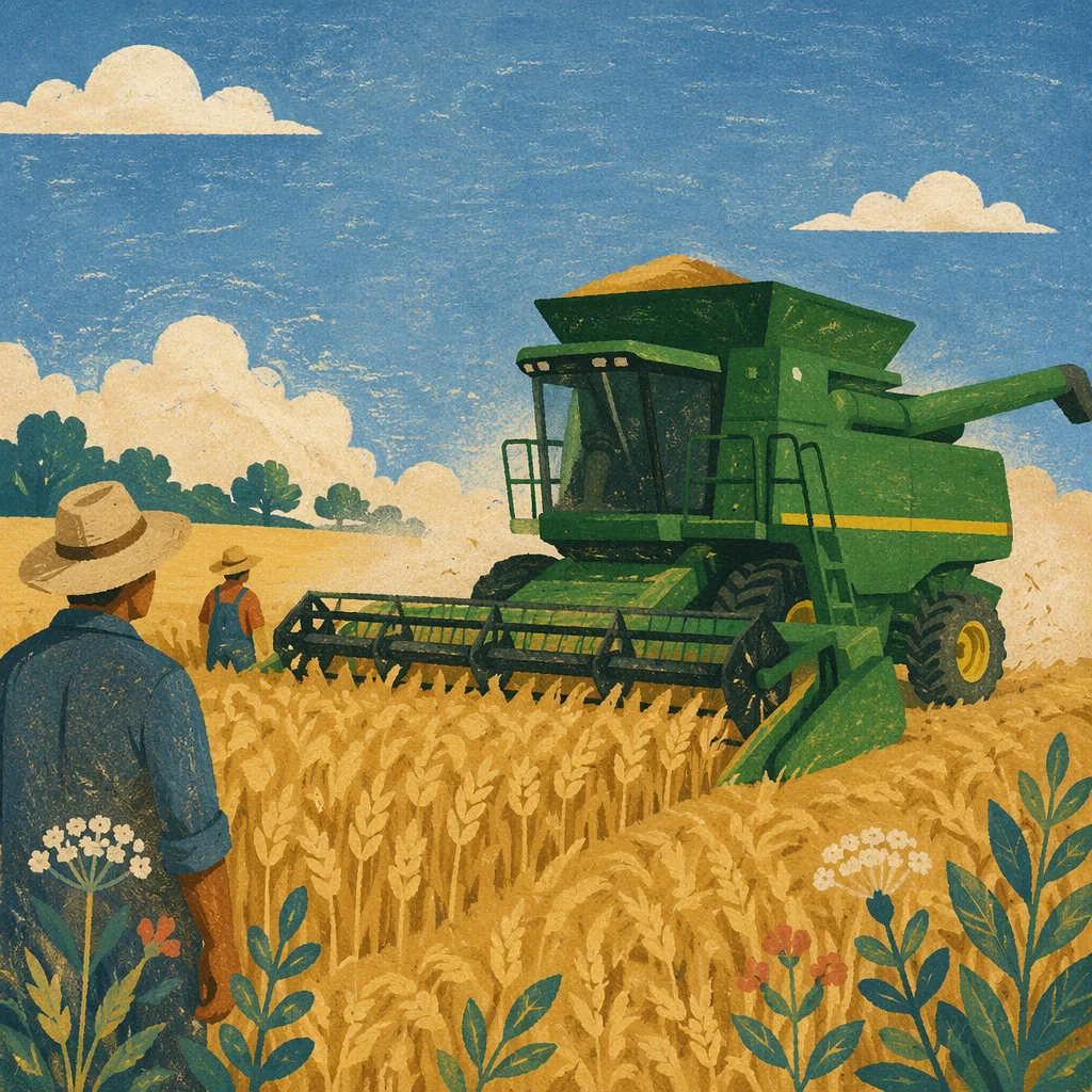 Golden Wheat Harvest With Evergreen Combine