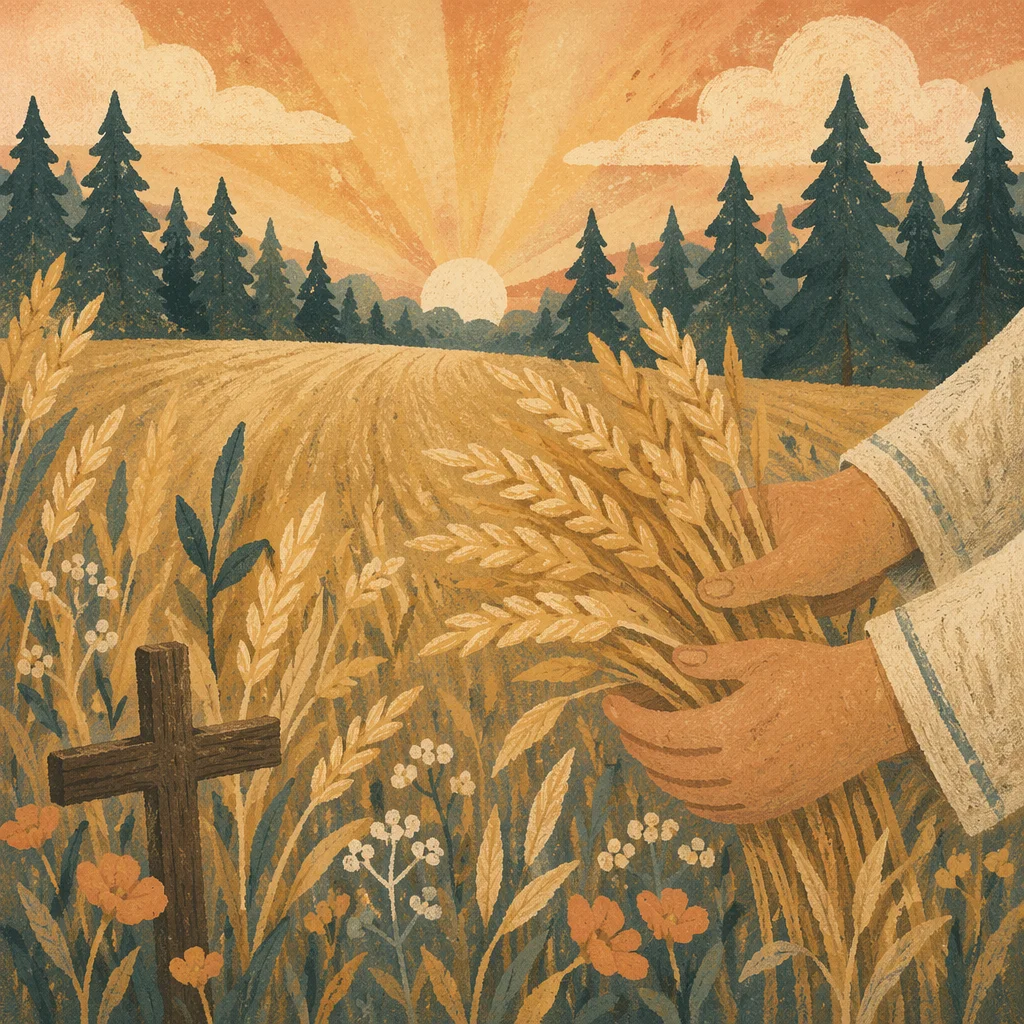 Golden Wheat Harvest with Evergreen Cross